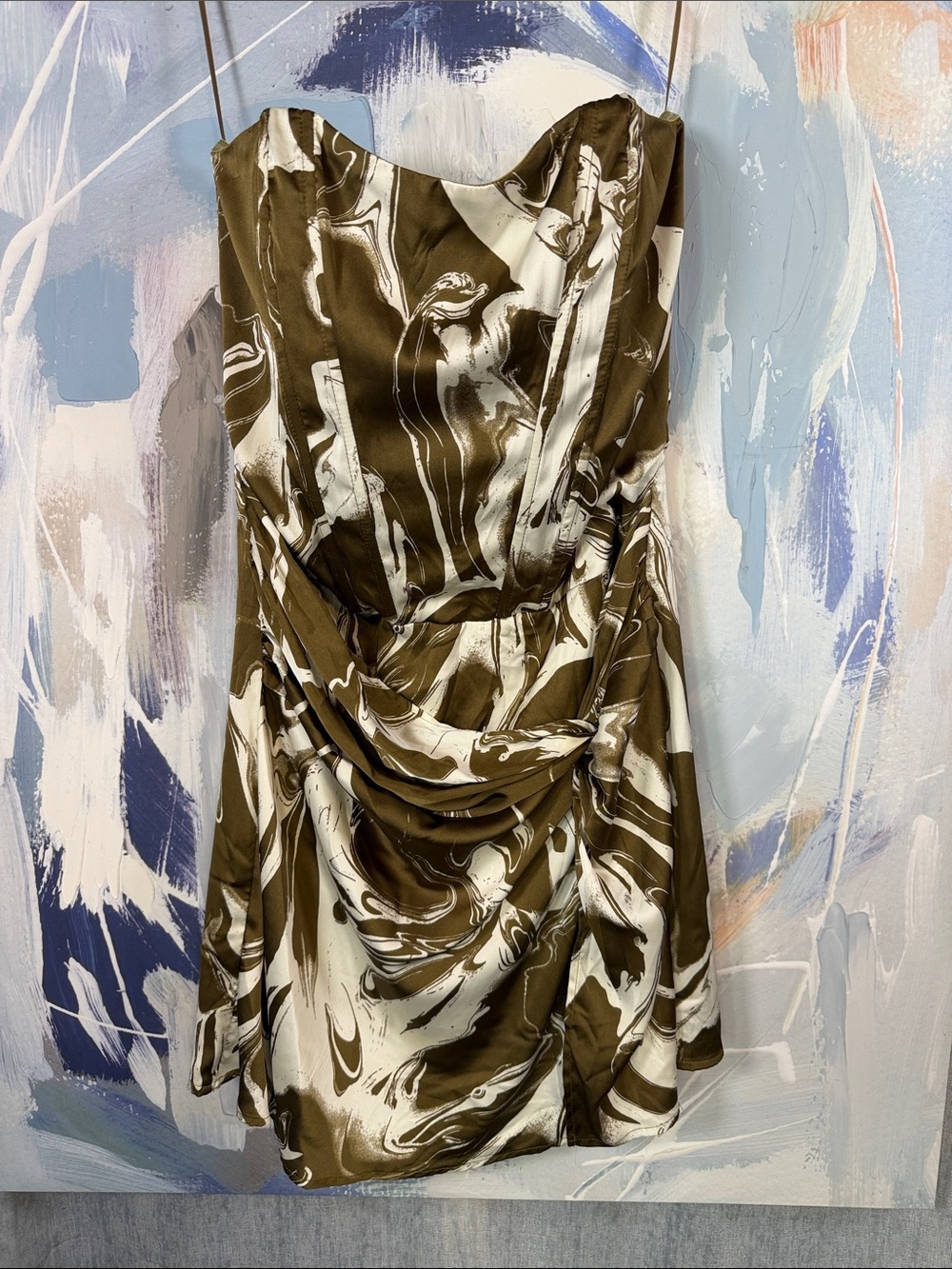 INSANE Emory Park Silk-Feel Strapless Drape Mini Dress Olive Green boning L